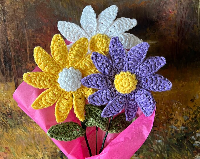 Crochet Daisies Set of 3, Daisy Bouquet, Wired Daisy, Flower