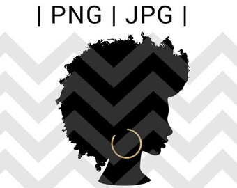 Afro Silhouette PNG Gold Hoops Clip Art Black Natural Hair PNG Files black queen cut file African American diva cricut cameo afro graphic