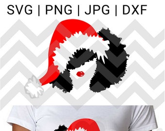 Santa Lady Red Lips and Afro SVG Clip Art Santa's Helper DXF jpg Digital Christmas Cut Files African American santa hat png