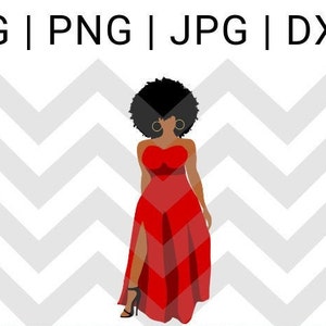 elegant black woman svg ,black woman svg,afro svg,red dress svg,dress svg,gold earring hoops svg,earring hoops svg,black heels svg,heels svg