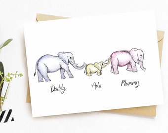 Elephant and baby Card | Personalised new baby card | Size A5