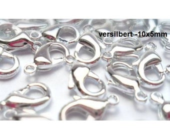 50 carabiners, lobster clasp, silver plated, 10 x 5 mm