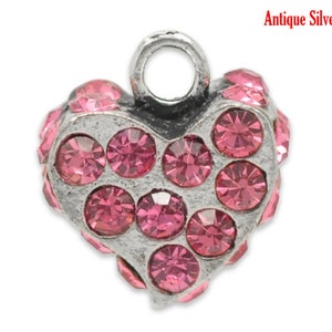 Rhinestone pendant heart, pendant, antique silver, pink, jewelry pendant,