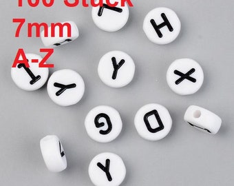 100 round letter beads, 7 mm, white, A-Z