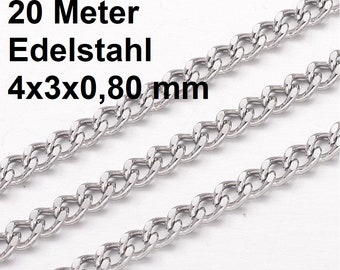 20 meter link curb chain, chain, stainless steel, 4 x 3 mm