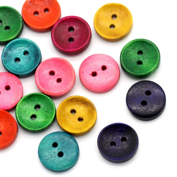 100 buttons, button, wooden button, wood, 15 mm, colorful