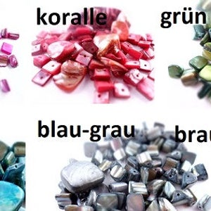 May include: Assortment of iridescent shell beads in various colours, including pink, coral, green, turquoise, blue-grey, and brown-gold.