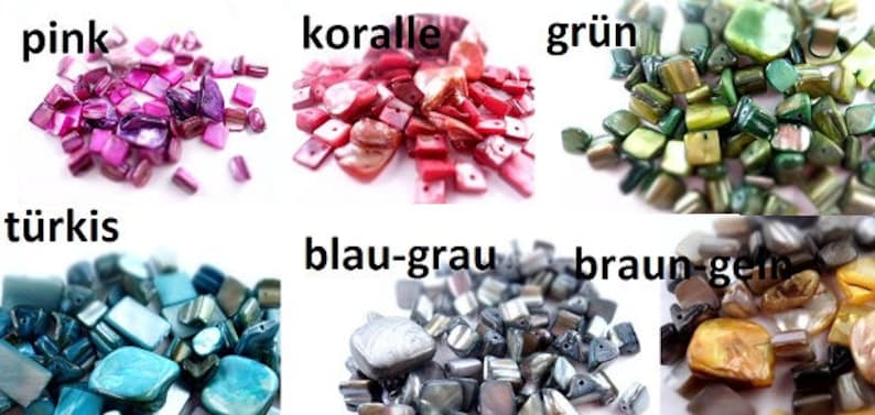May include: Assortment of iridescent shell beads in various colours, including pink, coral, green, turquoise, blue-grey, and brown-gold.