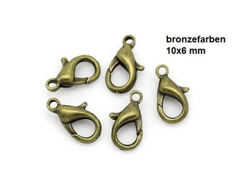 Pack of 50 bronze carabiner lobster clasps, 10 x 6 mm