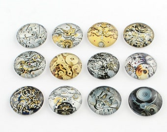 20 cabochons 12 mm glass stones, clock, time, steampunk, clockwork