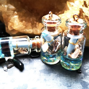 2x glass bottle with cork, martim, message in a bottle, glass pendant