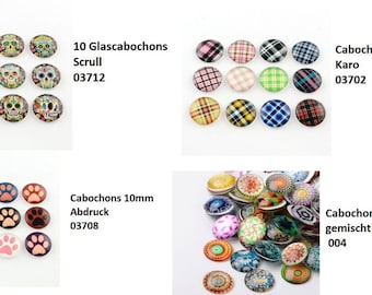 20 cabochons, choice of motifs, 10 mm, glass stones, glass cabochon, scrul, checks, impressions