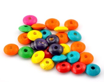 200 wooden beads, pearls, wood, jewelry beads, discs, wooden discs, 14 mm, assorted colors