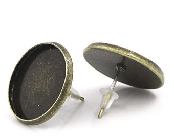 30 ear studs, earrings, bronze, 16 mm cabochons or adhesive stones, ear studs with setting,