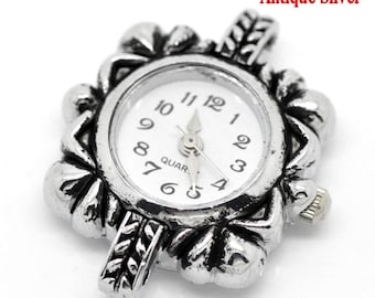 Watch blank, quartz watch, Arabic numerals, vintage style, antique silver, white, wristwatch, chain watch