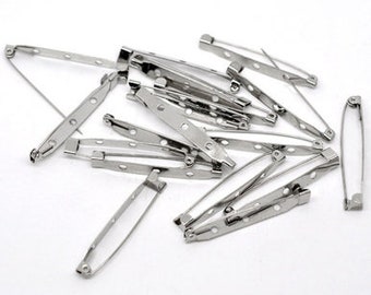 50 brooch pins, brooches, brooch blanks, 45 x 5 mm, silver