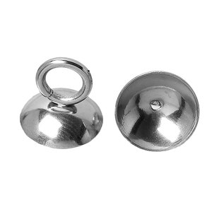 May include: Silver-toned metal bead caps with a loop on top. The caps are designed to cover the end of a string or cord.