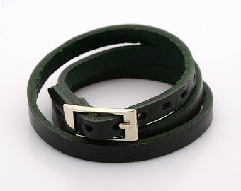 Leather strap, leather bracelet, wrap bracelet, green-silver