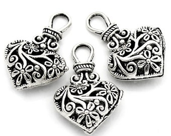 10 heart pendants, hearts, antique silver,