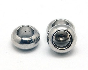 5 stainless steel beads, bead, large hole, silver, 10 x 5 mm