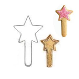 May include: A star-shaped cookie cutter and two star-shaped cookies. One cookie is decorated with pink sprinkles. The other cookie is plain. The cookie cutter is made of silver metal.