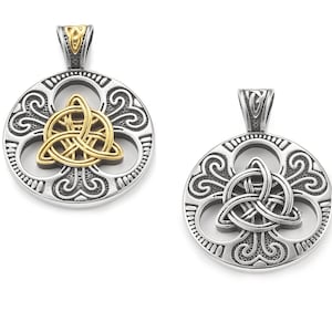 May include: Two Celtic knot pendants. One features a gold-colored knot within a silver-colored circular frame with ornate detailing. The other pendant has a silver-colored knot. Both have a bail for a chain.