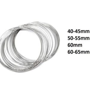 May include: A pile of silver-coloured metal wire rings in various sizes. The sizes are listed as 40-45mm, 50-55mm, 60mm, and 60-65mm.