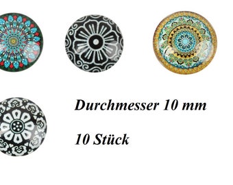 10 Cabochons-Motivauswahl,10mm-Glassteine-Glascabochon-Motiv-Mandula,Muster, Kaleidoskop