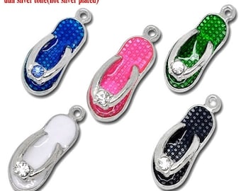 5 pendants, shoe, slipper, colorful, enameled, rhinestones,