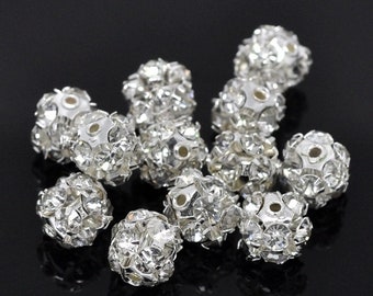 12 rhinestone beads, metal beads, silver-plated, jewelry beads, pearls, 8 mm