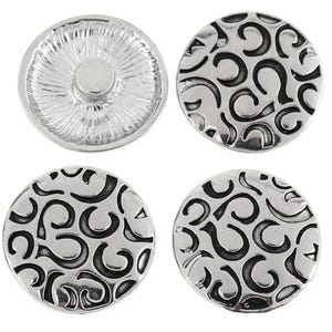 May include: Four circular metal buttons with a silver finish. Three buttons display a raised, dark-filled pattern of interconnected curved shapes on the front, while one button shows the plain, textured reverse side with a central attachment shank.