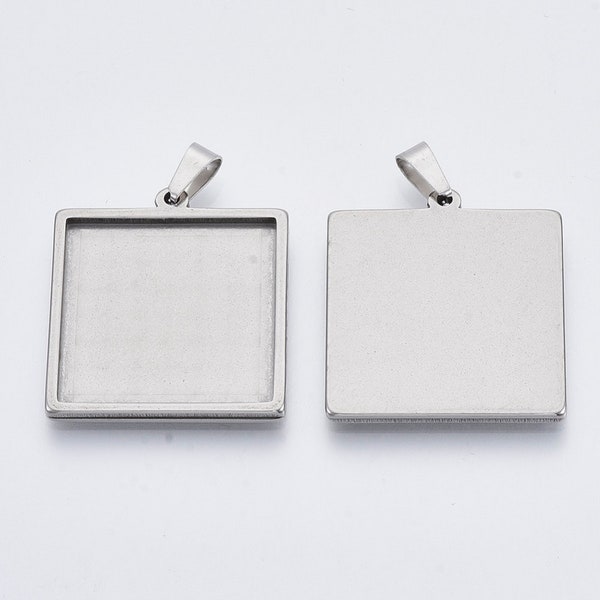 square pendant for cabochons or gemstones, adhesive surface 25 x 25 mm, stainless steel