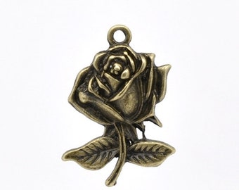 10 Rose PENDANTS, rose, bronze color, vintage style