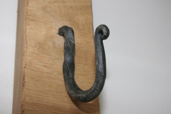 Can be personalised with names Individual solid Oak wall  hook  with hand forged twin iron hook
