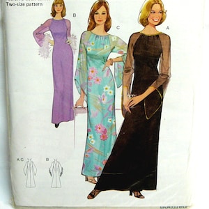May include: A sewing pattern for a long dress with three different sleeve styles. The pattern is for sizes 38-40, 42-44, and 12-14, 16-18. The pattern is called Burda 27294.
