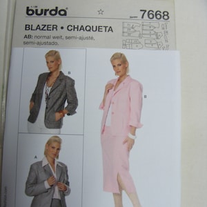 May include: A sewing pattern for a blazer or jacket. The pattern is for sizes 6-60 and 34-34. The pattern is from Burda and the pattern number is 7668.