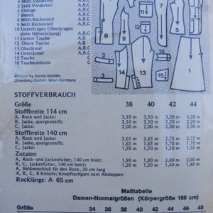 May include: A vintage sewing pattern from Burda, featuring diagrams and measurements for a skirt and jacket. The pattern includes fabric requirements and a size chart with measurements in centimeters. The text is in German.