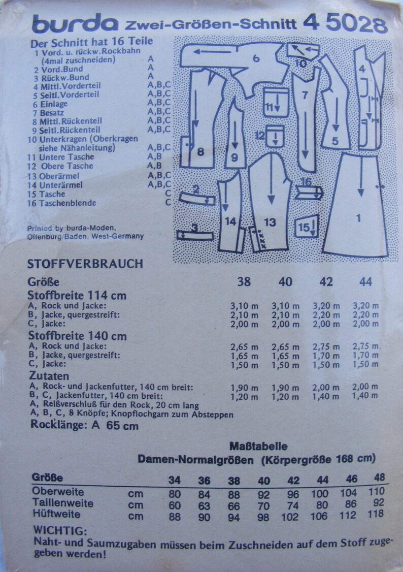 May include: A vintage sewing pattern from Burda, featuring diagrams and measurements for a skirt and jacket. The pattern includes fabric requirements and a size chart with measurements in centimeters. The text is in German.