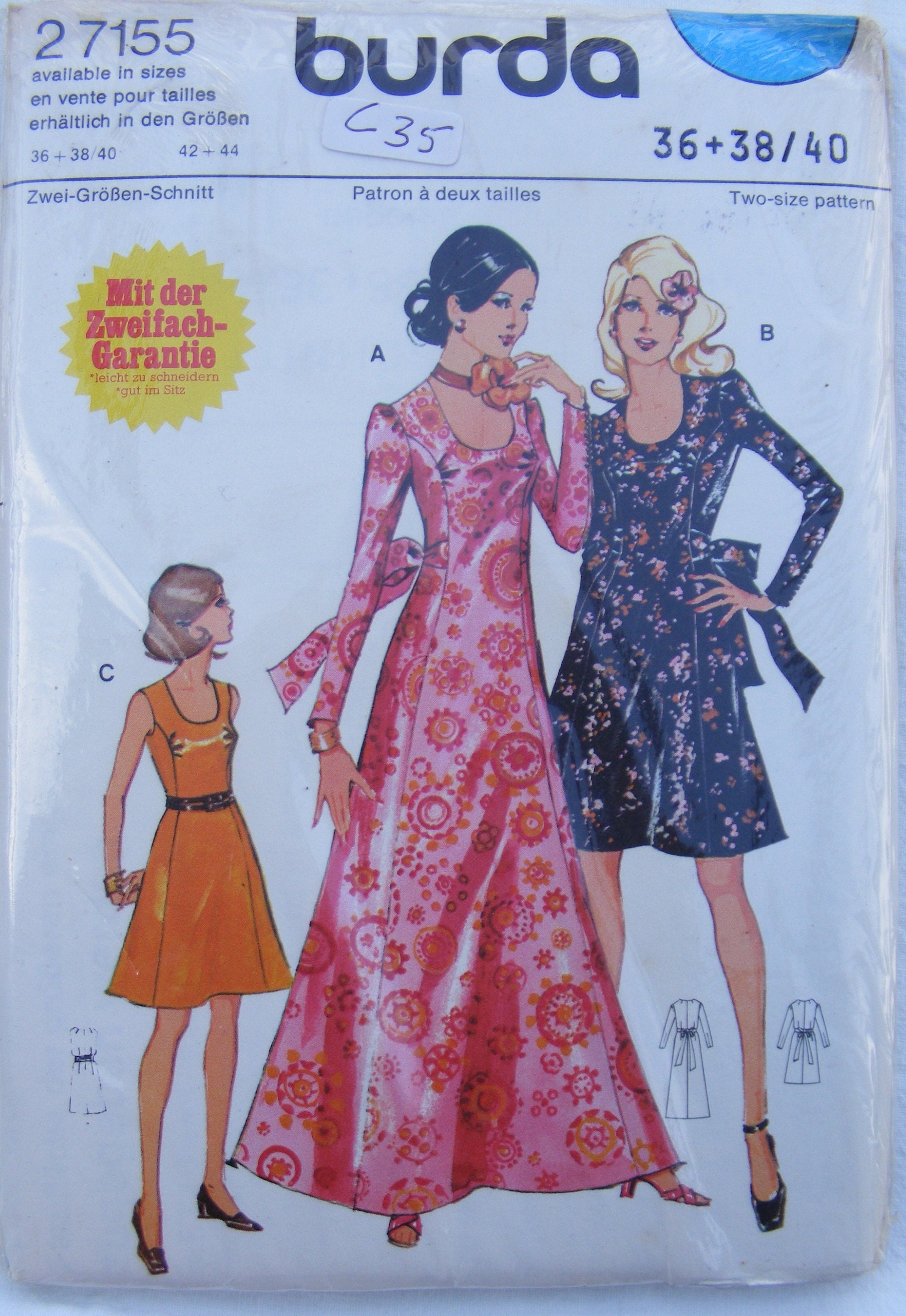 Burda 27155 Dress Pattern Two Sizes 36 + 38/40, original packaging, two size pattern unopened, C35
