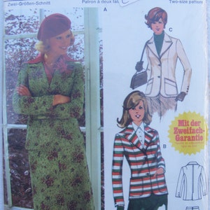 May include: Vintage Burda sewing pattern featuring illustrations of women's suits and jackets. The pattern includes a green floral suit, a white jacket, and a striped jacket. The pattern is available in sizes 38+40, 42+44.