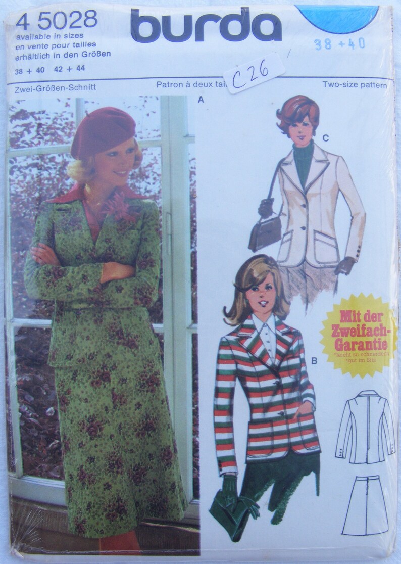 May include: Vintage Burda sewing pattern featuring illustrations of women's suits and jackets. The pattern includes a green floral suit, a white jacket, and a striped jacket. The pattern is available in sizes 38+40, 42+44.