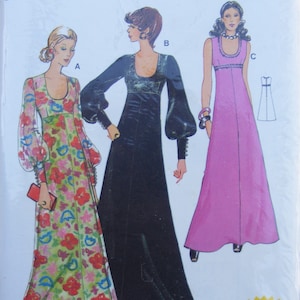 May include: A vintage sewing pattern for a maxi dress with a scoop neck and long sleeves. The pattern is available in sizes 38/40, 42, 44, and 46. The pattern is from Burda, a German sewing pattern company, and is labeled C28. The pattern is for a two-size pattern, meaning it can be made in two different sizes.