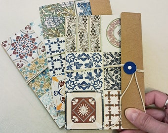 A6 handcrafted notebook with Capri style tile pattern, hand-bound with cotton thread, flap closure, internal pocket, 80 pages