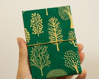 Mini Concertina Album, Instax Mini or Zink size, 18 pages on front, blank or with slits, lokta paper trees gold, handcrafted in Italy