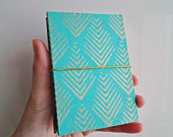 Mini accordion album for Instax Mini, 18 pages on each side with/without cuts for photos, Indian cotton paper, turquoise gold, handmade