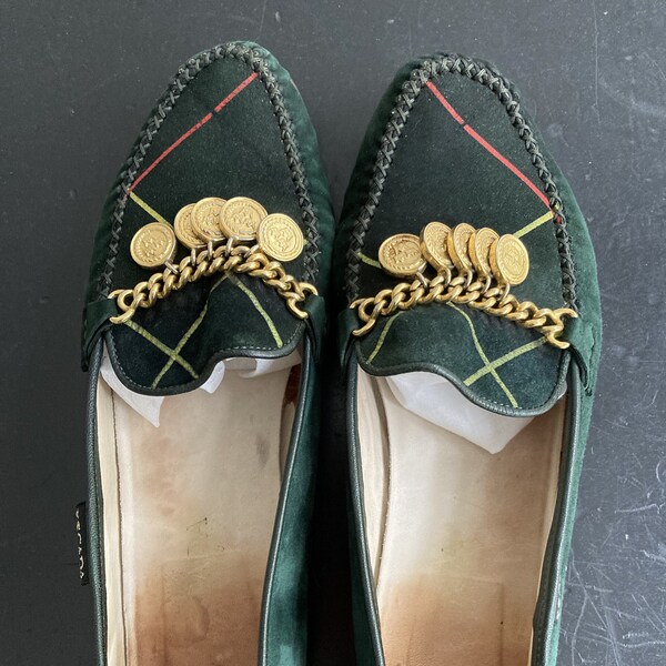 Vintage ESCADA loafers // Escada green suede 90s Loafers with Gold Metal Chain // loafers with gold chain and coins