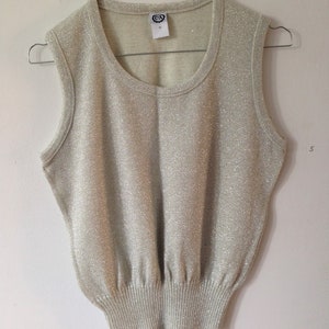 Vintage 70s sleeveless disco vest top by C&A // Vintage silver 60s/70s knitted disco spencer with low round neckline