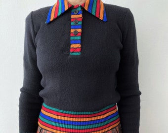 Vintage MONDI Polo Shirt // 70s | 80s rainbow sweater // Lovely black mondi shirt with rainbow stripes