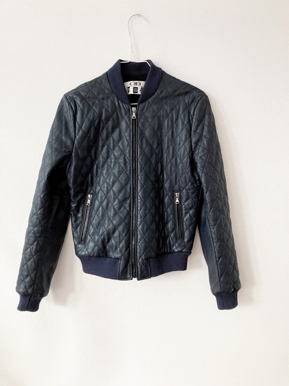 Vintage leather jacket // blue grey short leather jacket // very small leather quilted bomber jacket 00s // Puffer Leather Jacket