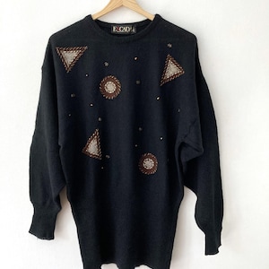 Vintage ESCADA Pullover von Margaretha LEY / 80er schwarzer Wollpullover / Mohairpullover mit Perlendetails